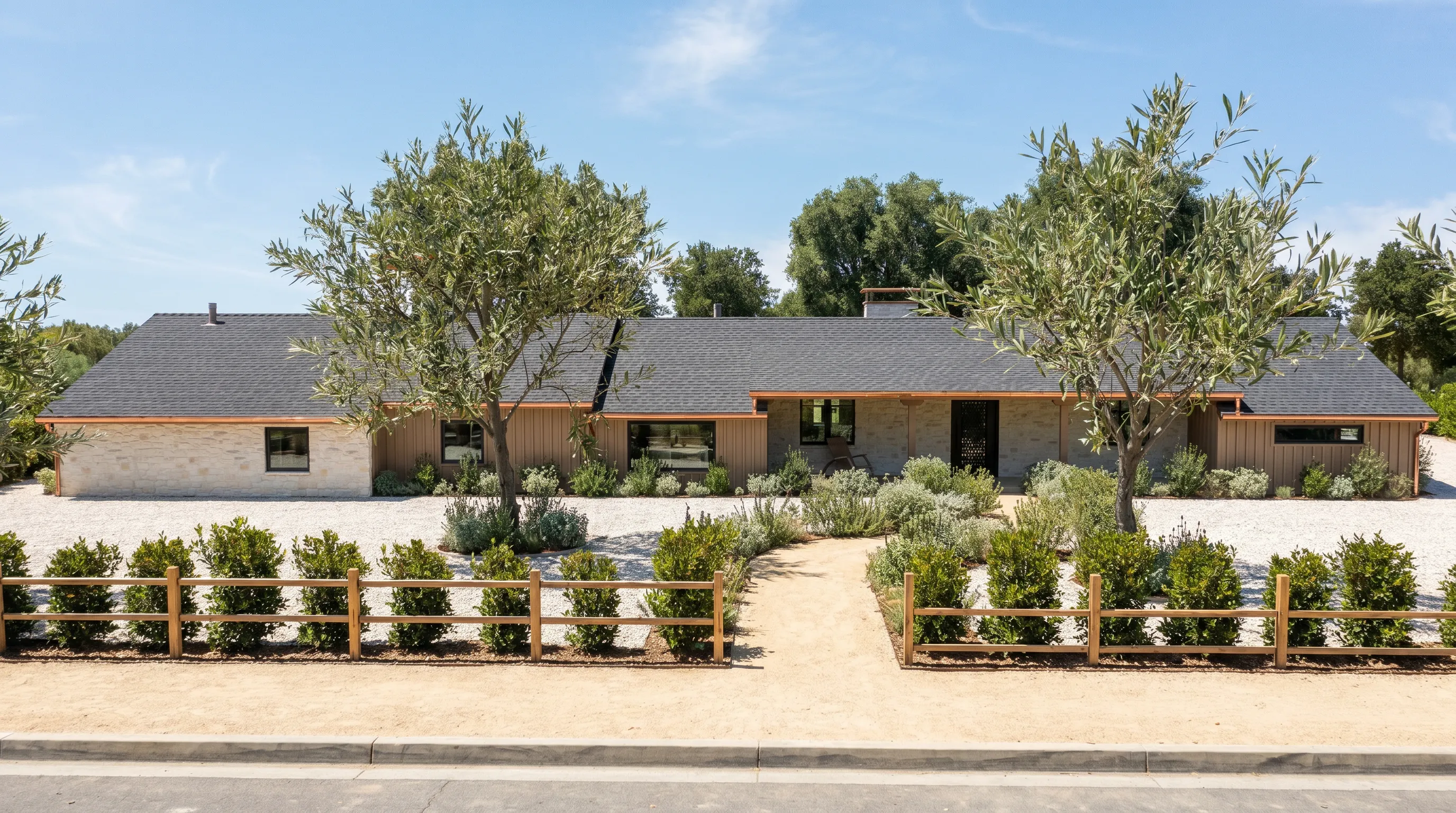 3D exterior render of a single-storey modern ranch home with white brick, wood siding, and olive trees