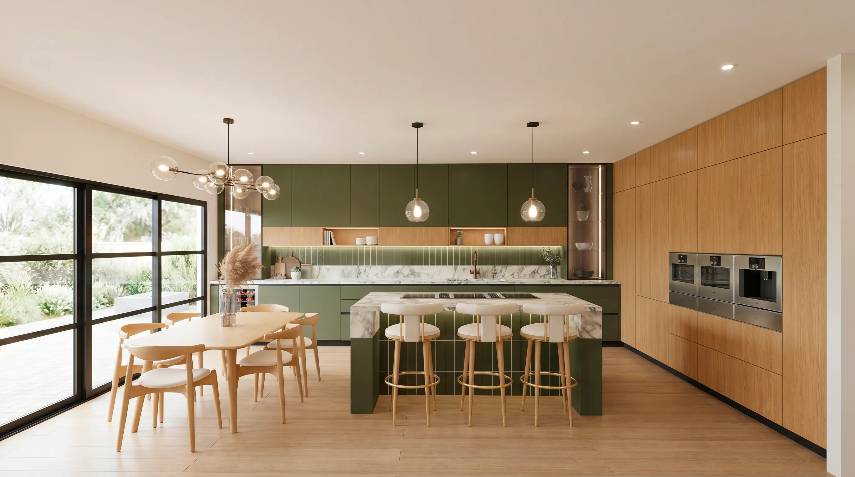 3D interior render of an open-plan kitchen with green and light-oak cabinetry, a marble island, and a dining area