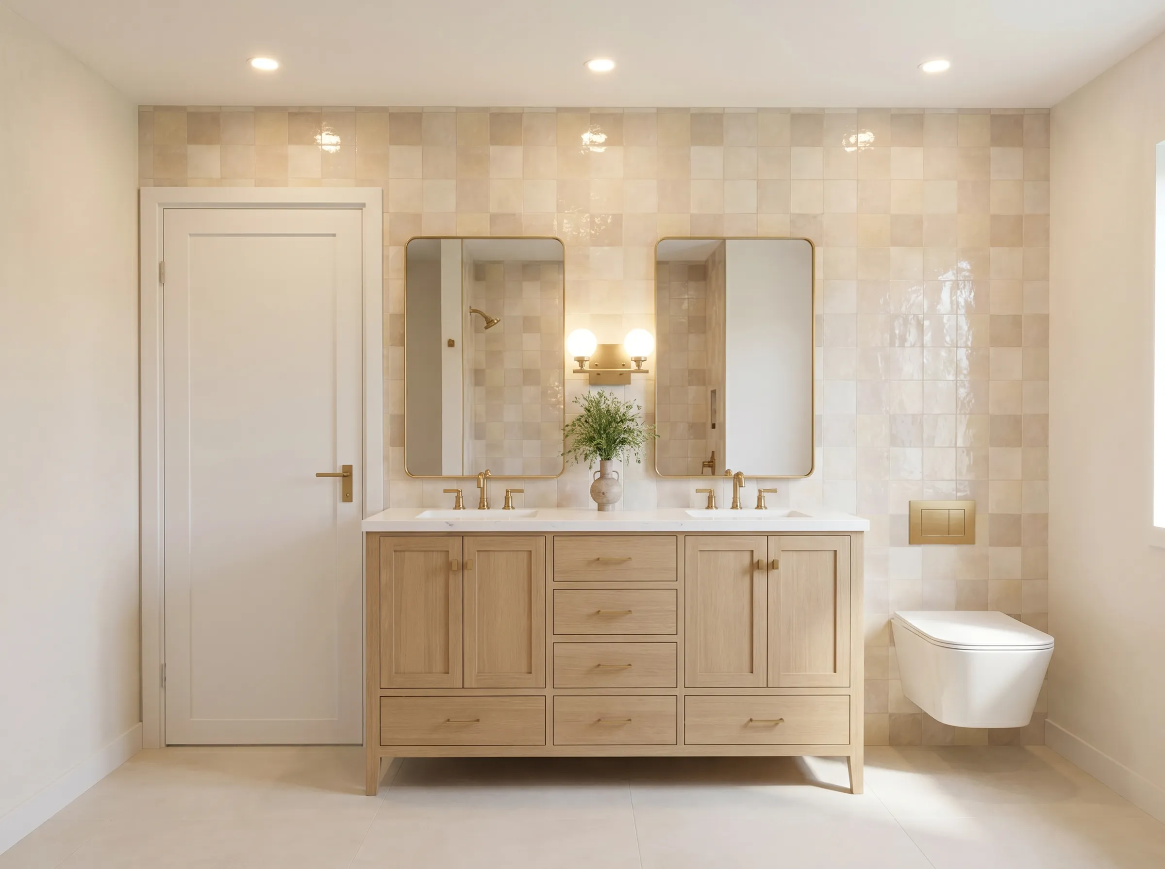 3D bathroom rendering with a light-oak double vanity, beige zellige tile, and brass fixtures