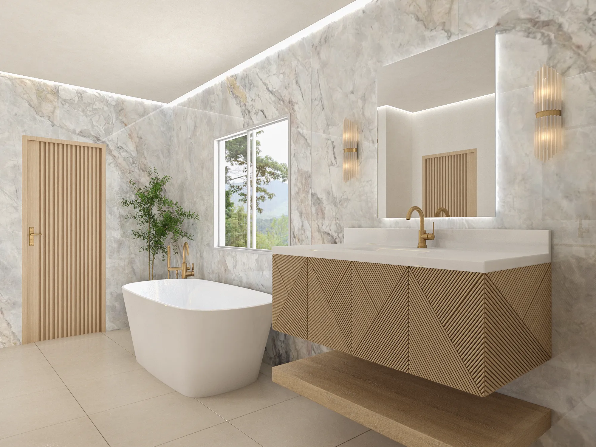 3D render of a marble bathroom with a fluted oak vanity and a freestanding tub