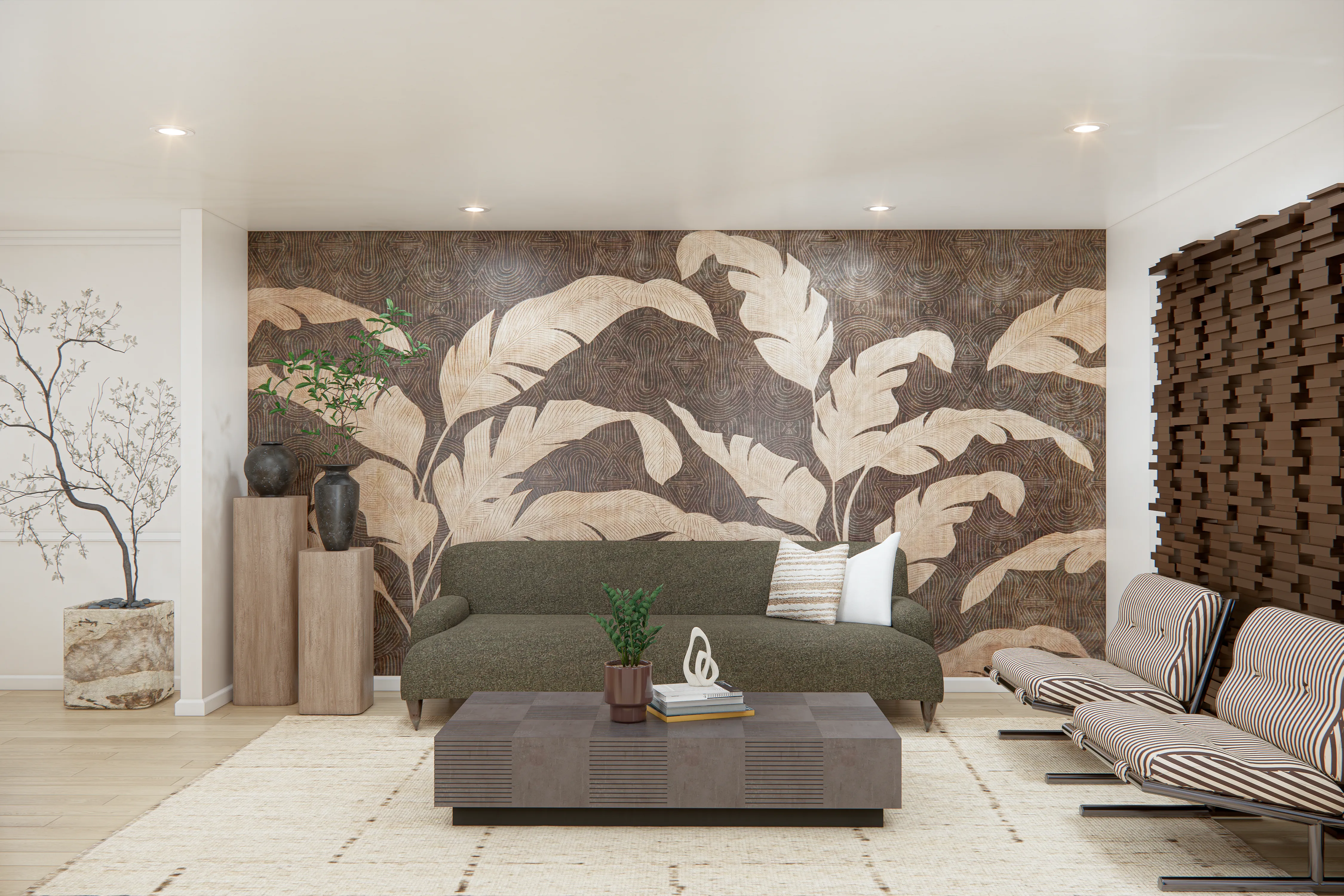 3D render of a hospitality lounge with a banana-leaf mural and a green sofa