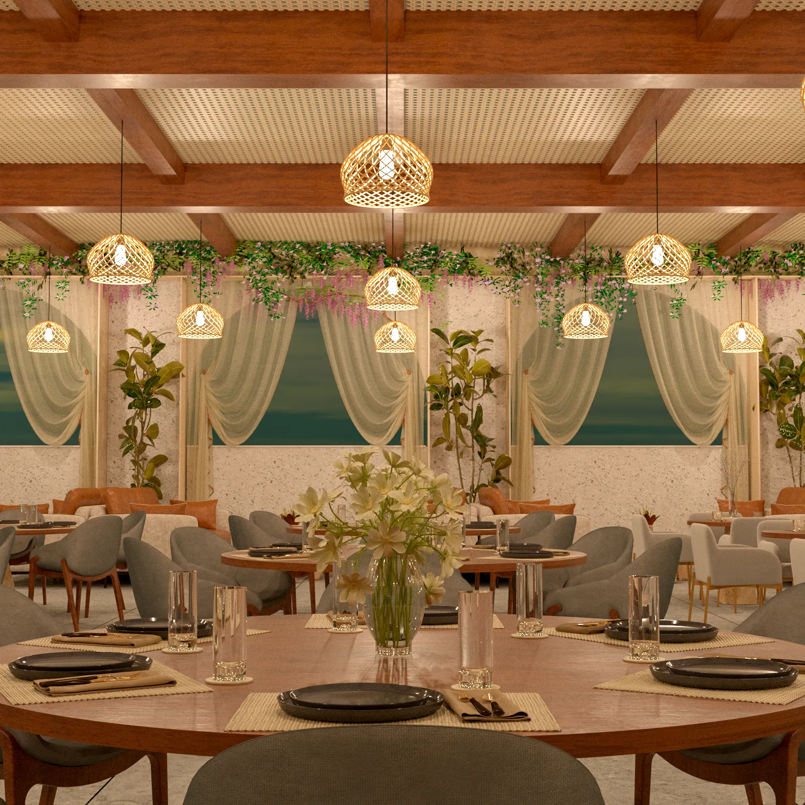 3D render of a restaurant interior with rattan pendant lighting