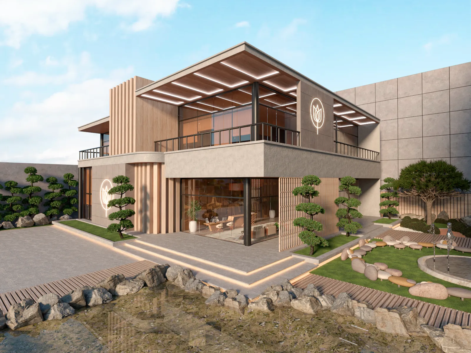 3D exterior render of a modern timber-and-stone commercial building with a landscaped garden