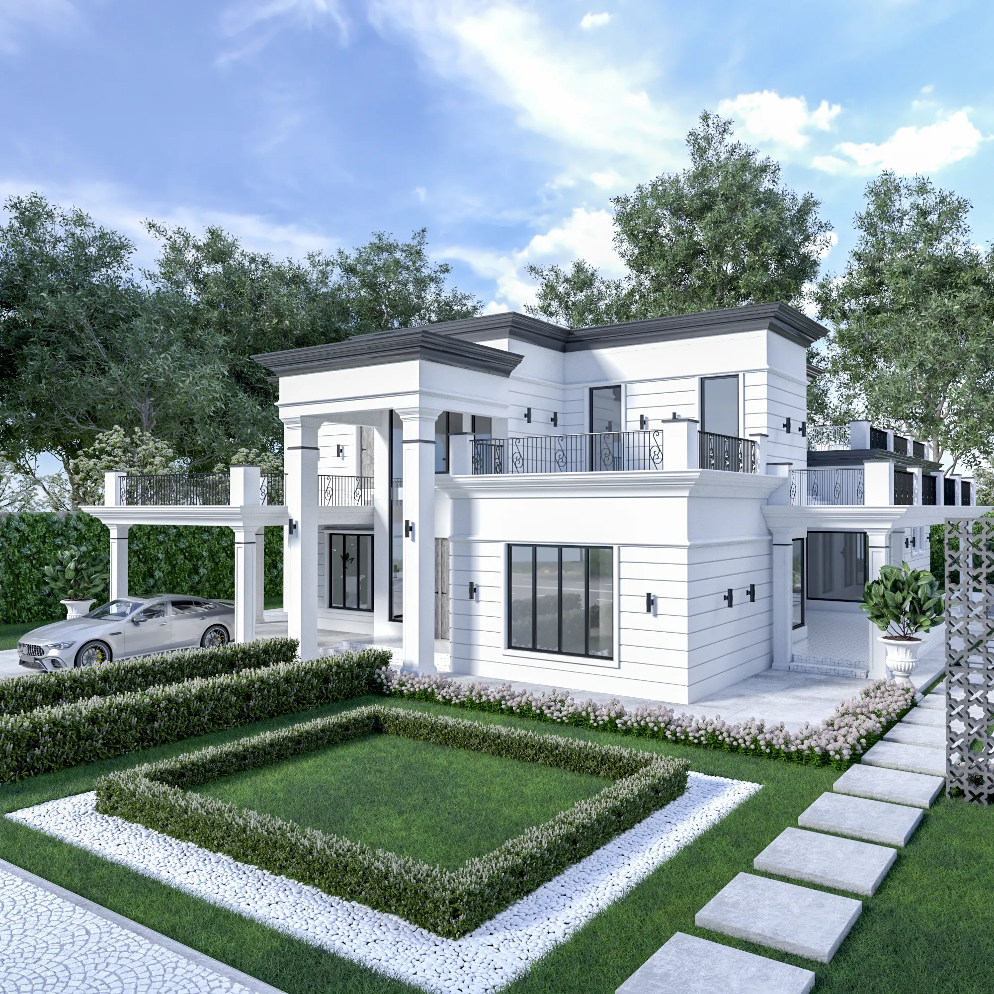 3D exterior render of a white two-storey classic home with a hedged garden and driveway