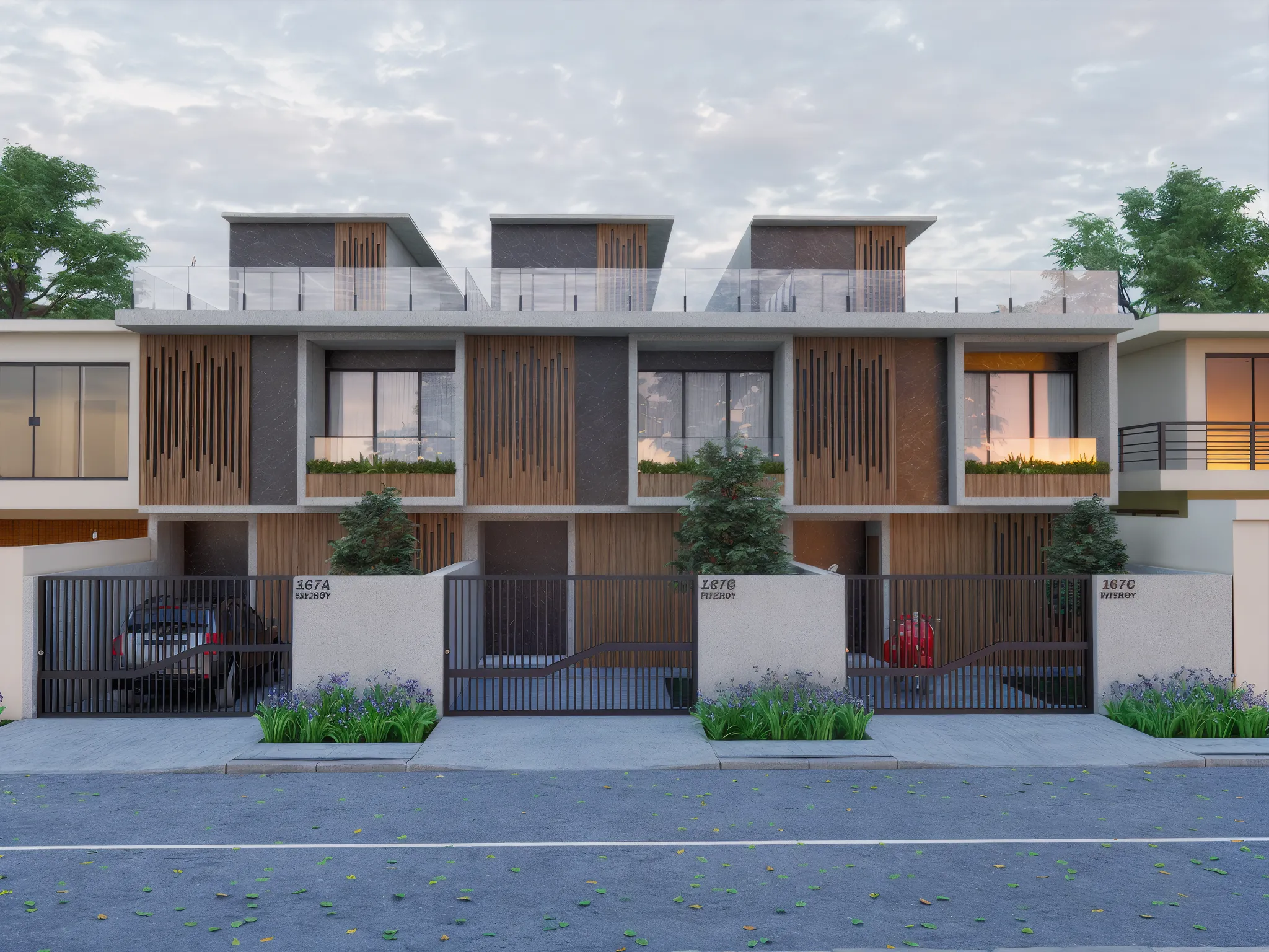 3D exterior render of a row of modern townhouses with rooftop terraces