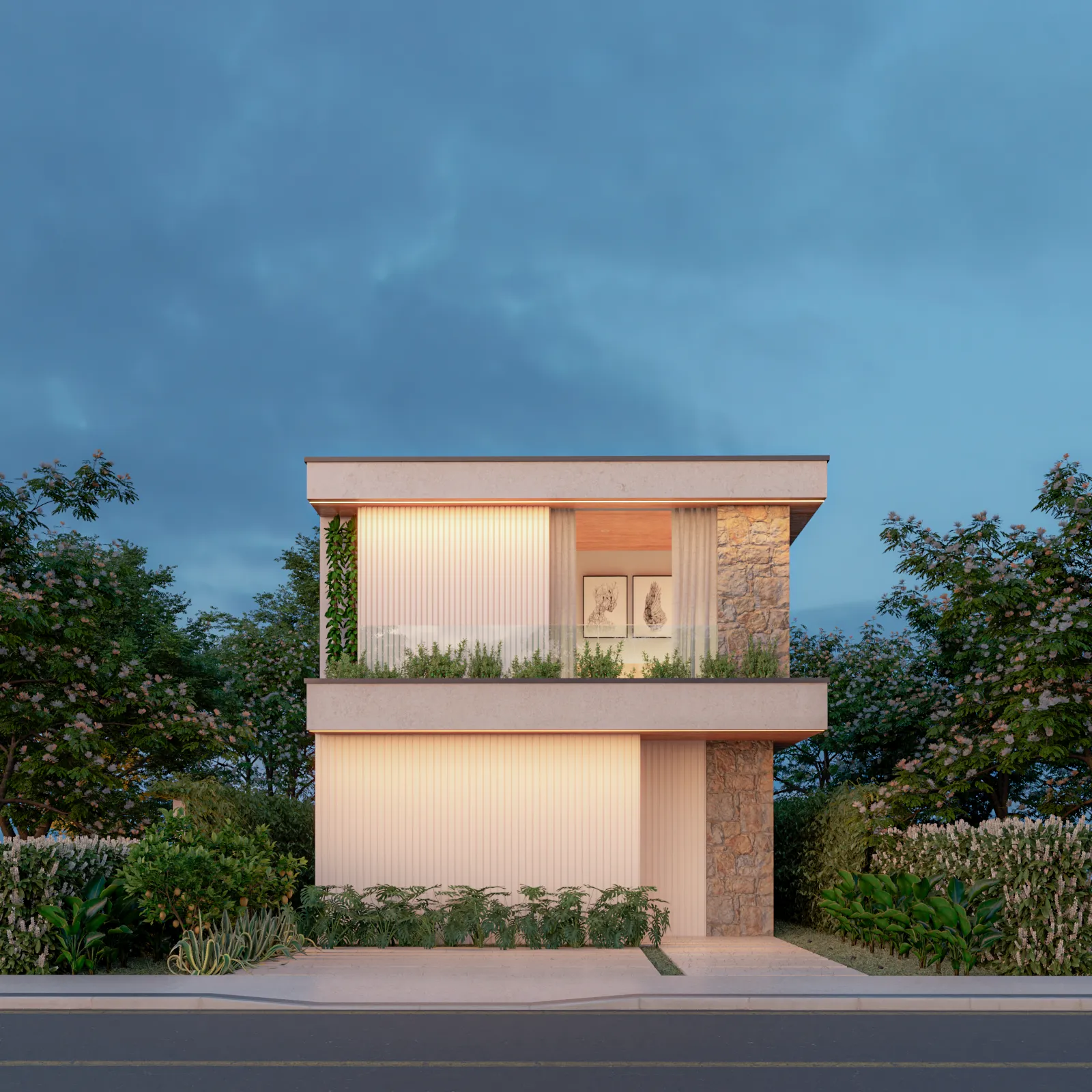 Photorealistic 3D exterior render of a compact modern two-storey home at twilight with a glowing fluted-glass facade and stone accents
