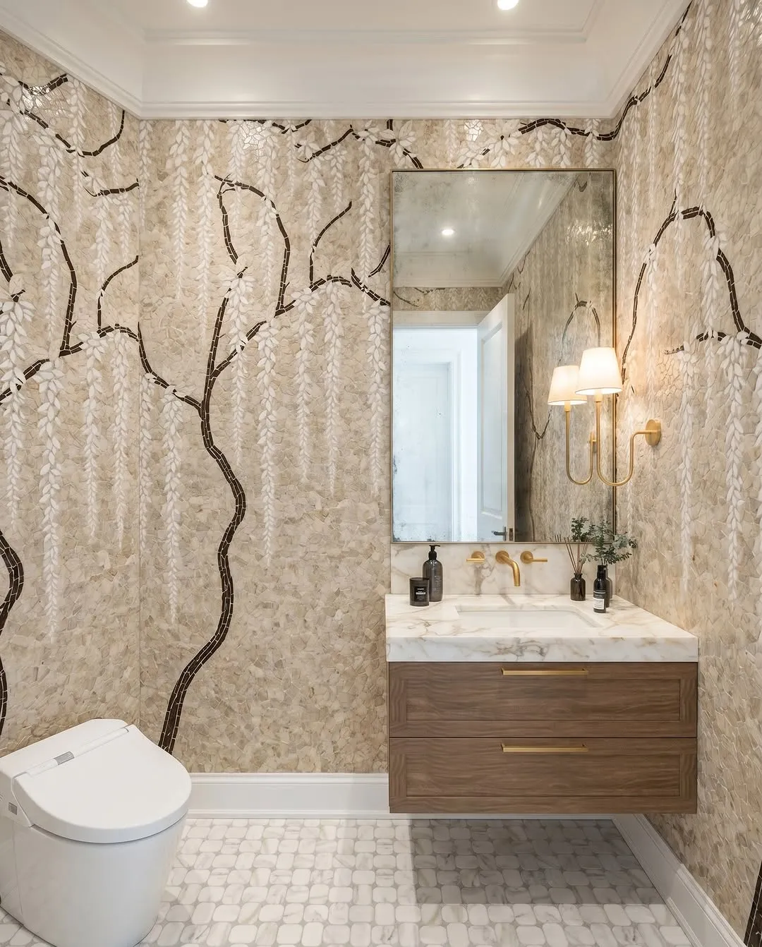 3D render of a powder room with wisteria wallpaper, a walnut vanity, and marble counter