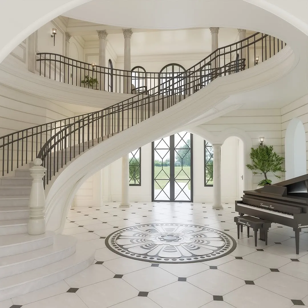 3D render of a grand two-storey entry foyer with a curved staircase