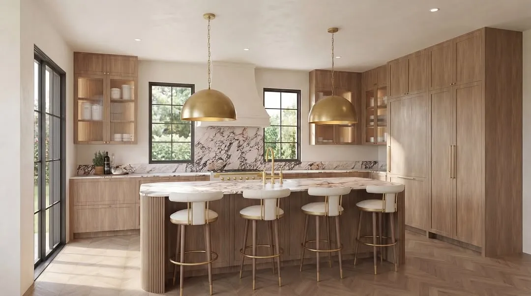 Photorealistic 3D interior render of a warm walnut kitchen with gold pendants and a marble island