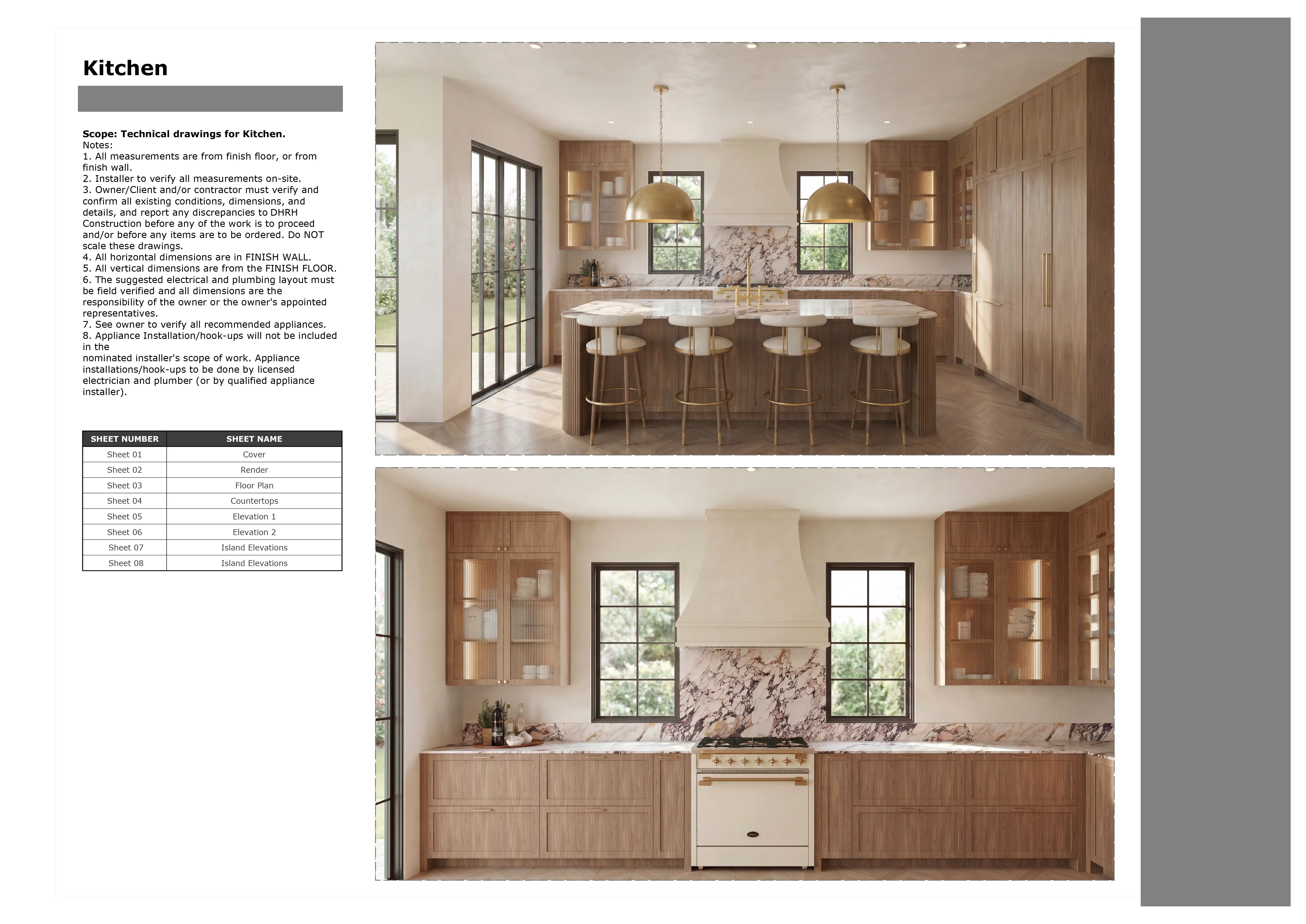 Kitchen drawing set cover sheet with scope, sheet index, and renders