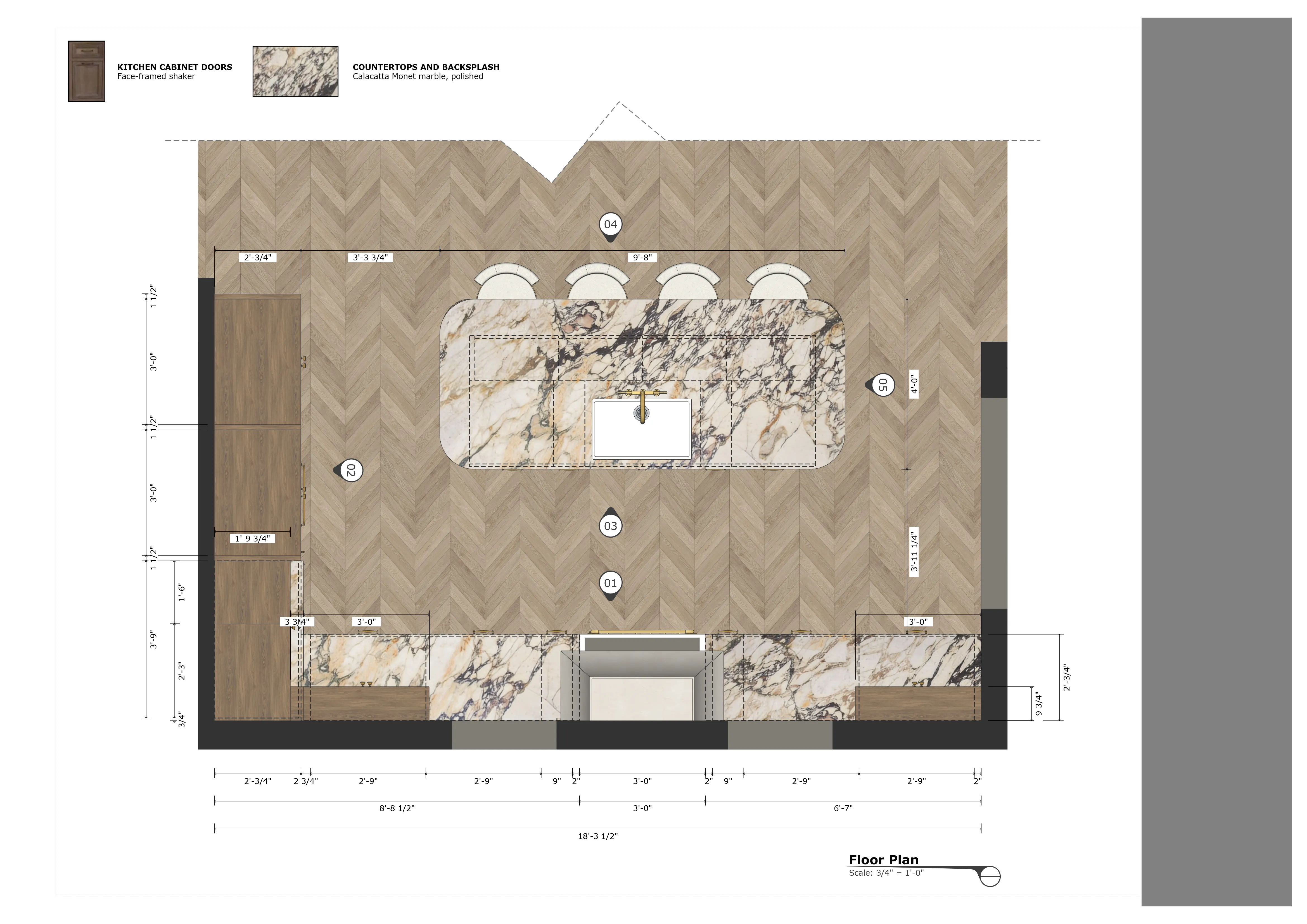 Kitchen cabinetry floor plan with a marble island and herringbone floor