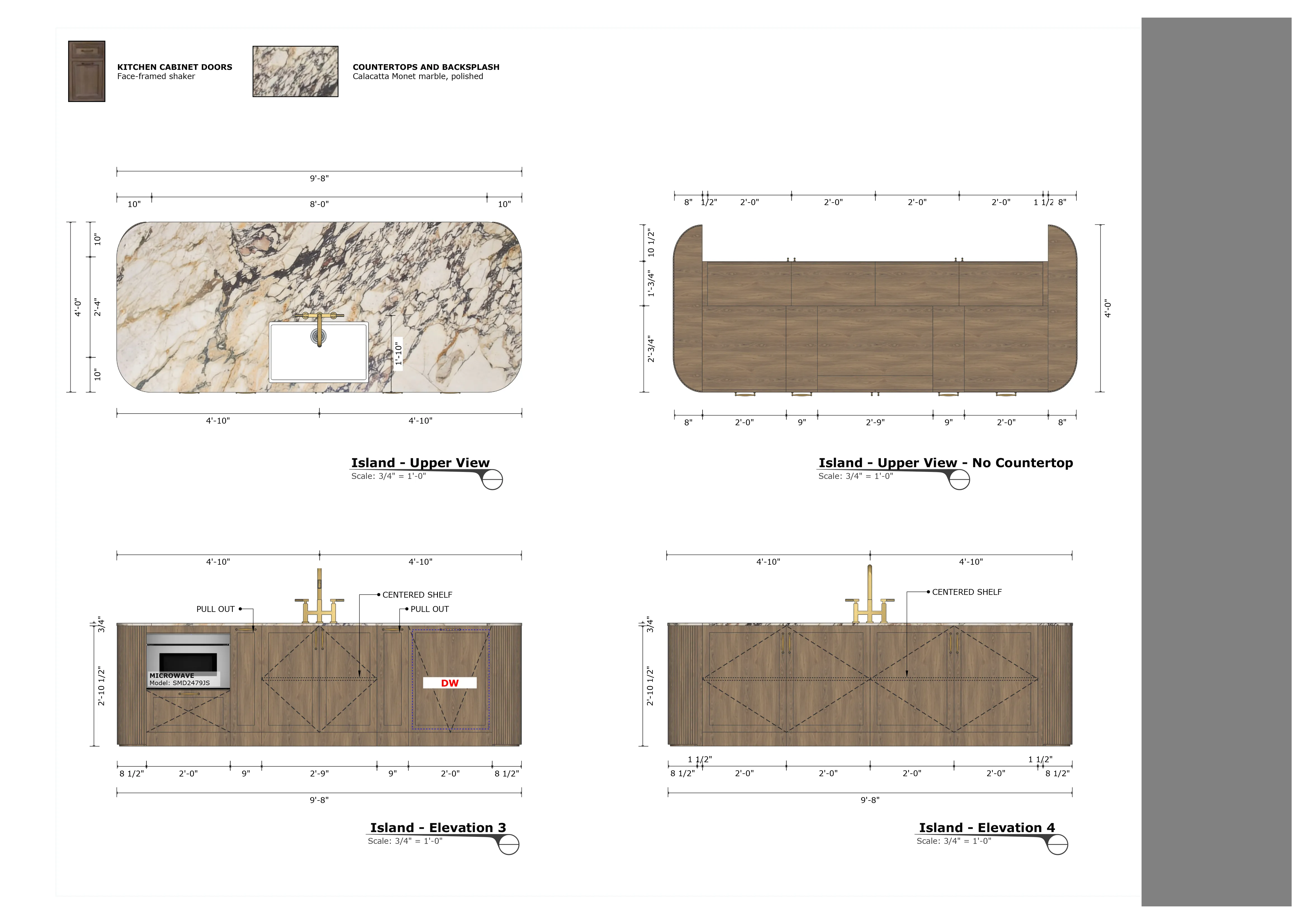 Kitchen island upper views and elevations with marble