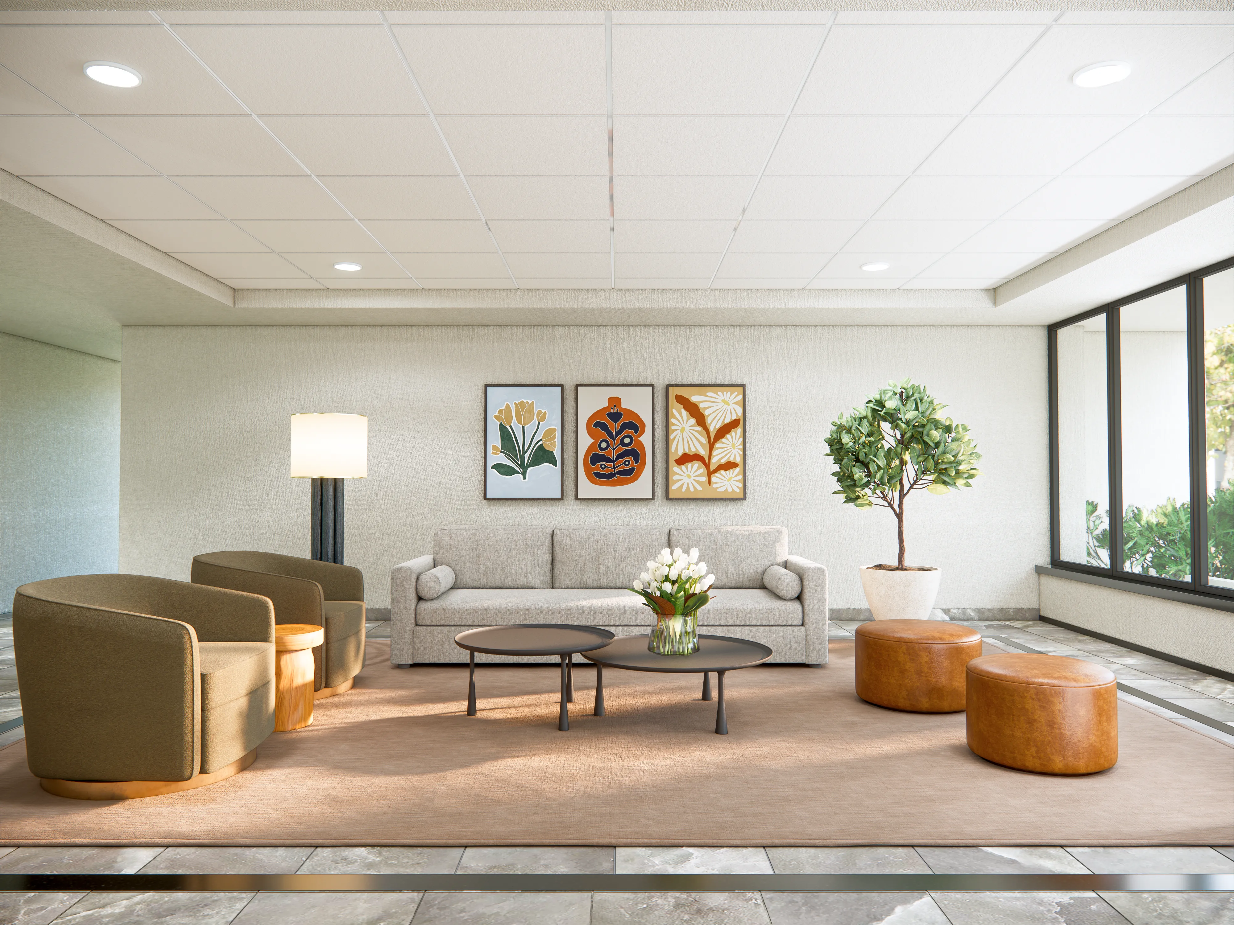 3D commercial interior rendering of an office lobby with lounge seating, artwork, and a feature plant