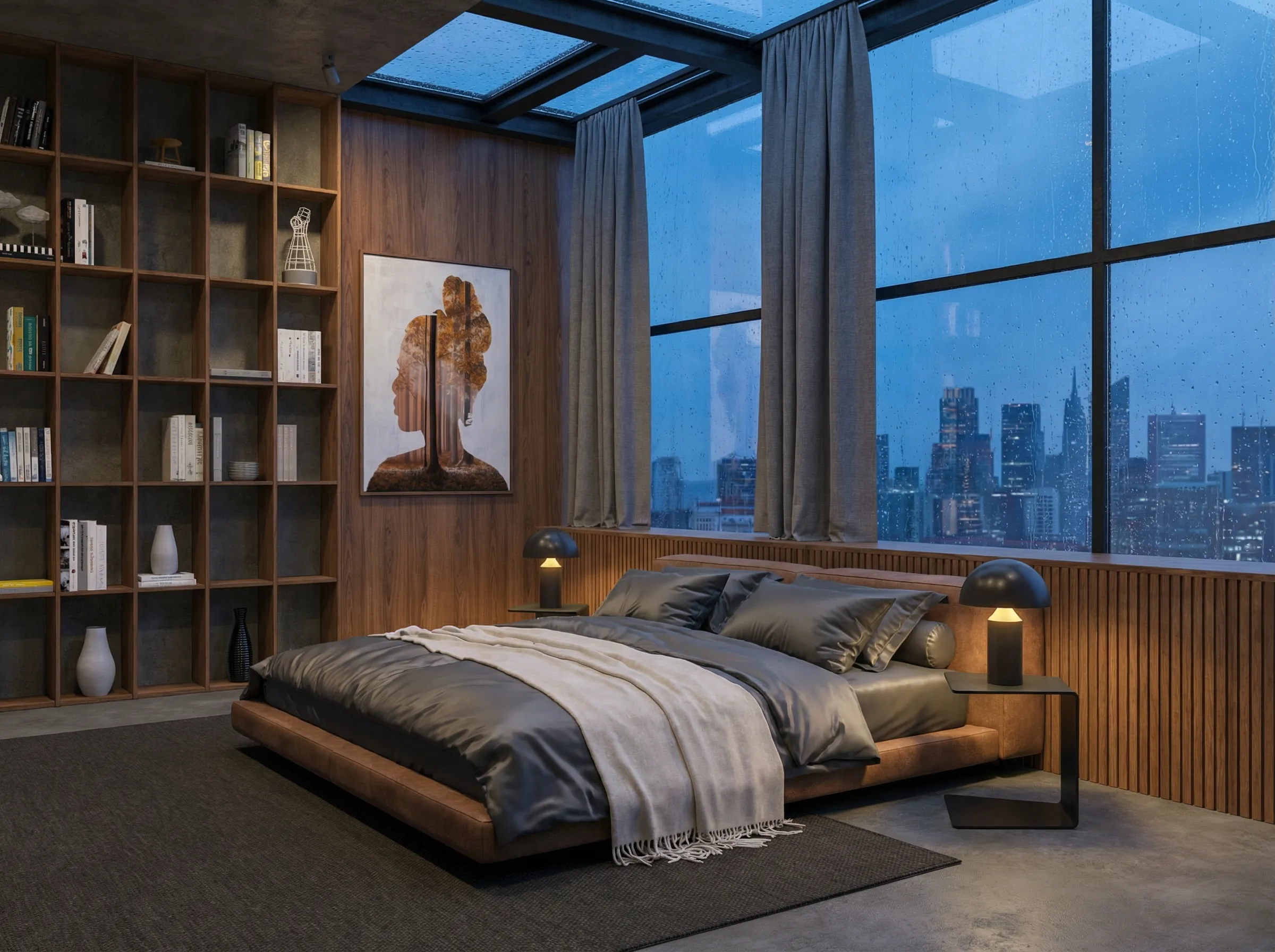 3D render of a wood-panelled bedroom with floor-to-ceiling windows over a city at dusk