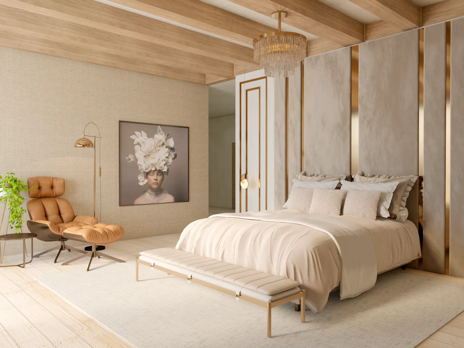 3D render of an elegant cream bedroom with gold accents, a leather lounge chair, and a chandelier