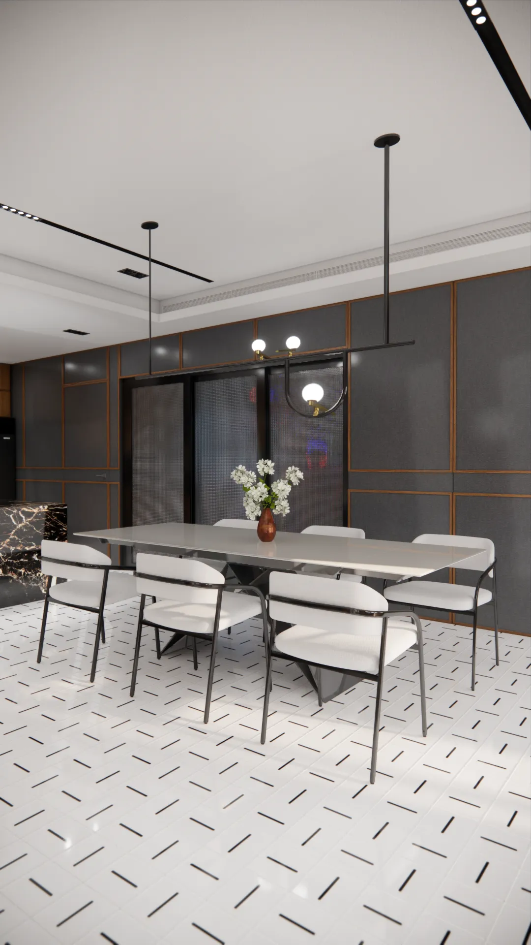 3D render of a dining room with grey panelled walls, a marble table, and white chairs