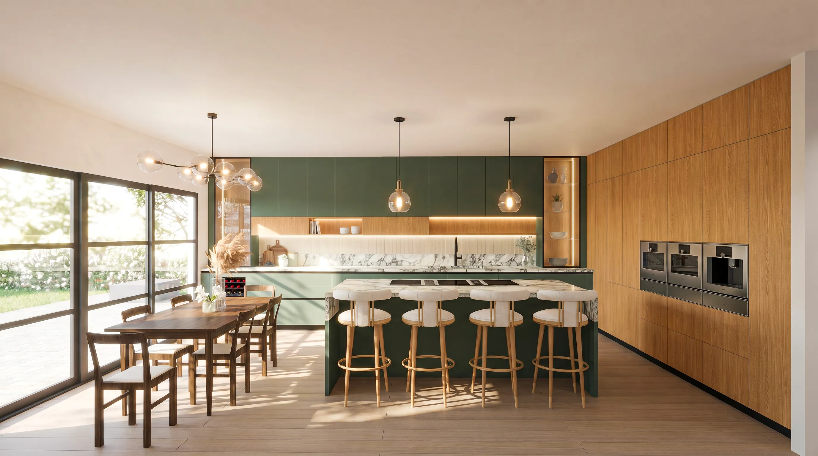 3D render of a green and oak kitchen with glass pendants and a dining area